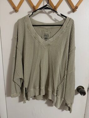 American Eagle Outfitters Sage Waffle V-Neck Sweater